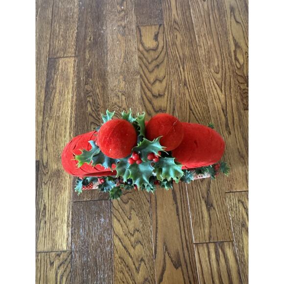 Vintage Christmas Centerpiece Santa Kitschy Red Velvet Holly Handmade Wreath MCM - Picture 7 of 13